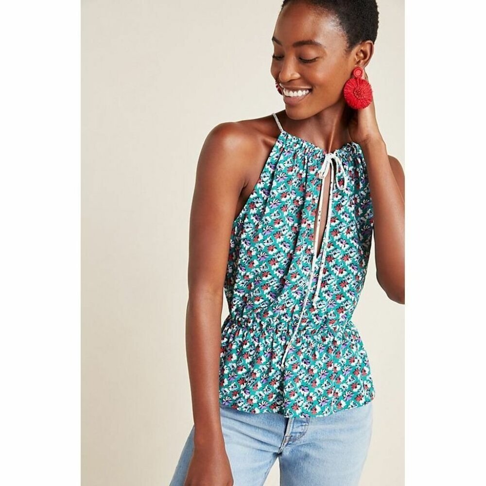 Anthropologie Floral Sleeveless Halter Peplum Top Tie Detail Green Multicolor